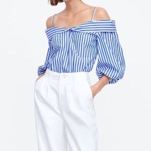 Zara White Blue Striped Top